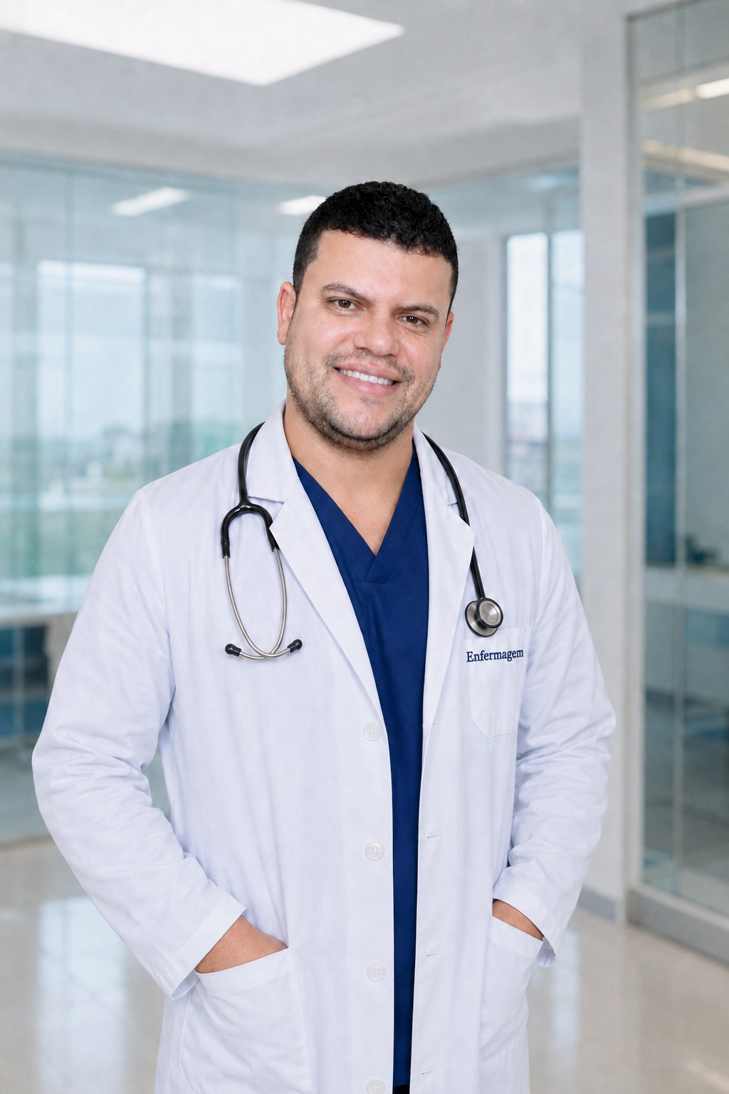 Euder Cabral, enfermeiro, de jaleco branco e estetoscópio, com as mãos nos bolsos, sorrindo